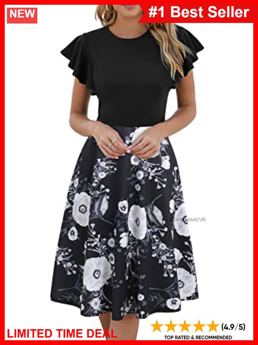 Women's Ruffle Sleeve V-Back Fit and Flare Knee Length Cocktail Dress with